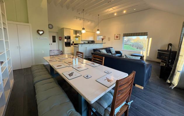 Dining, kitchen and seating area